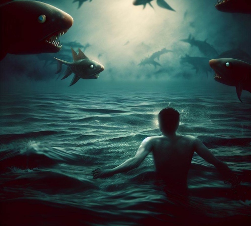 איש במים מול דגים מפחידים